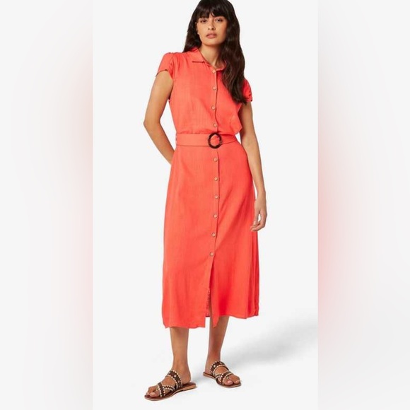 APRICOT Dresses & Skirts - APRICOT brand Coral Button-Up linen blend belted shirt dress